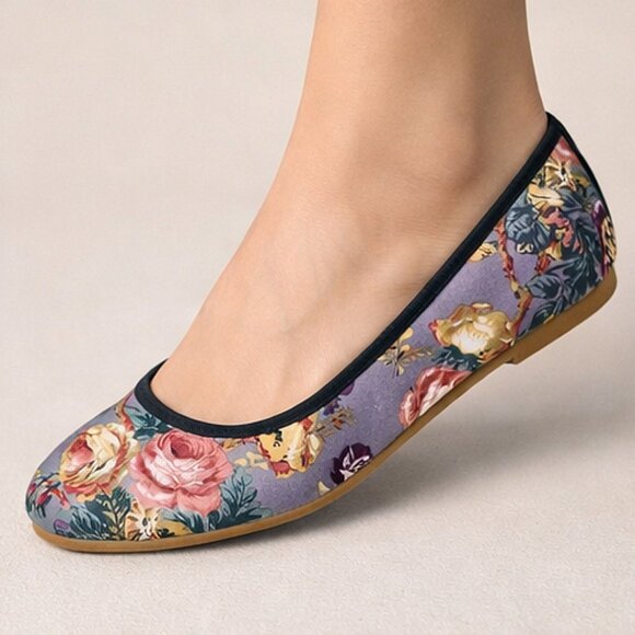 Cinak Shoes - Grey Floral Ballet Flats Round Toe Cottagecore Slip On Shoes